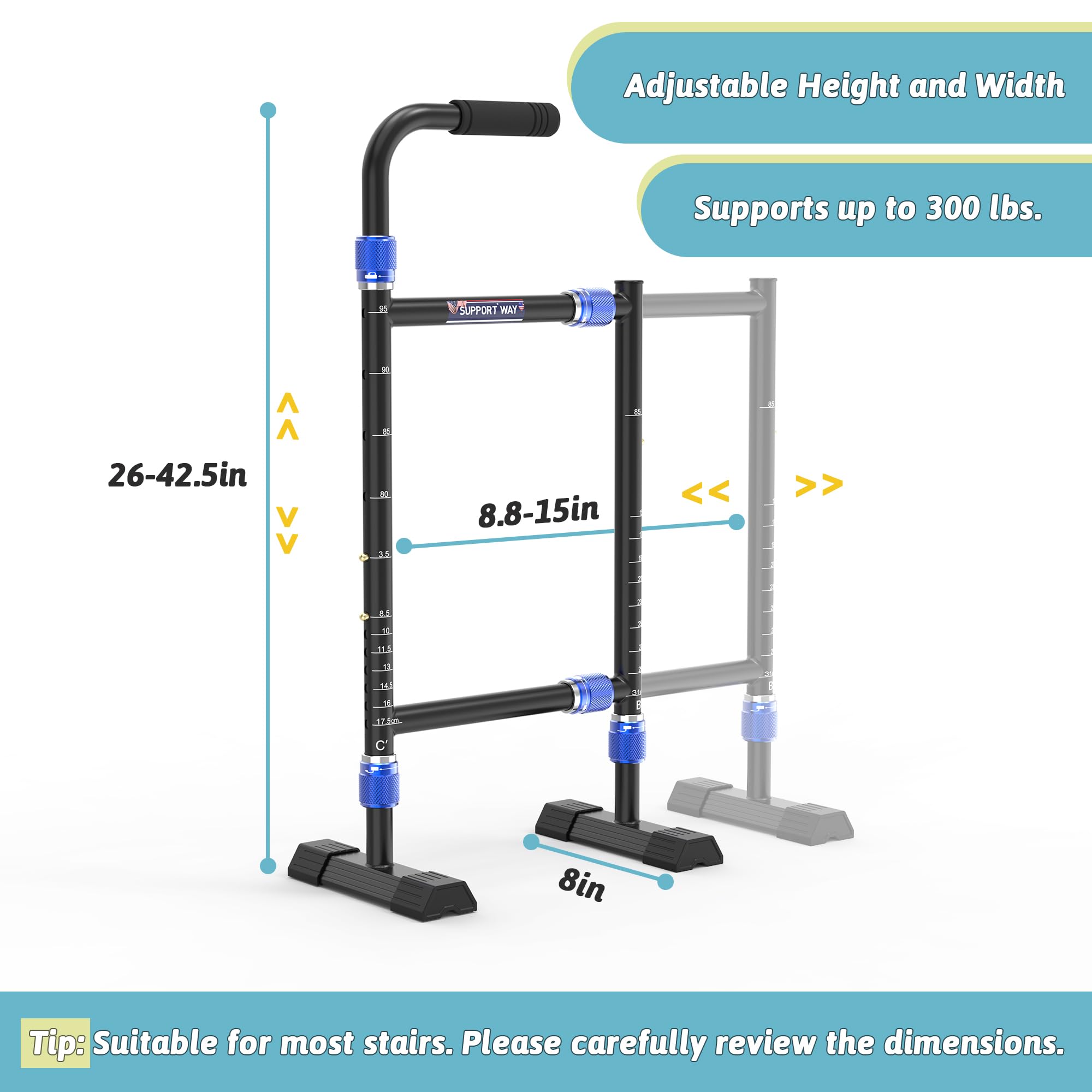 Height & Width Adjustable Stair Assist Cane for Seniors, Customizable to fit Most Indoor/Outdoor Steps, Wide Anti-Slip Base, Professional Stair Climbing Assist Cane for Sore Knees & Post-Surgery