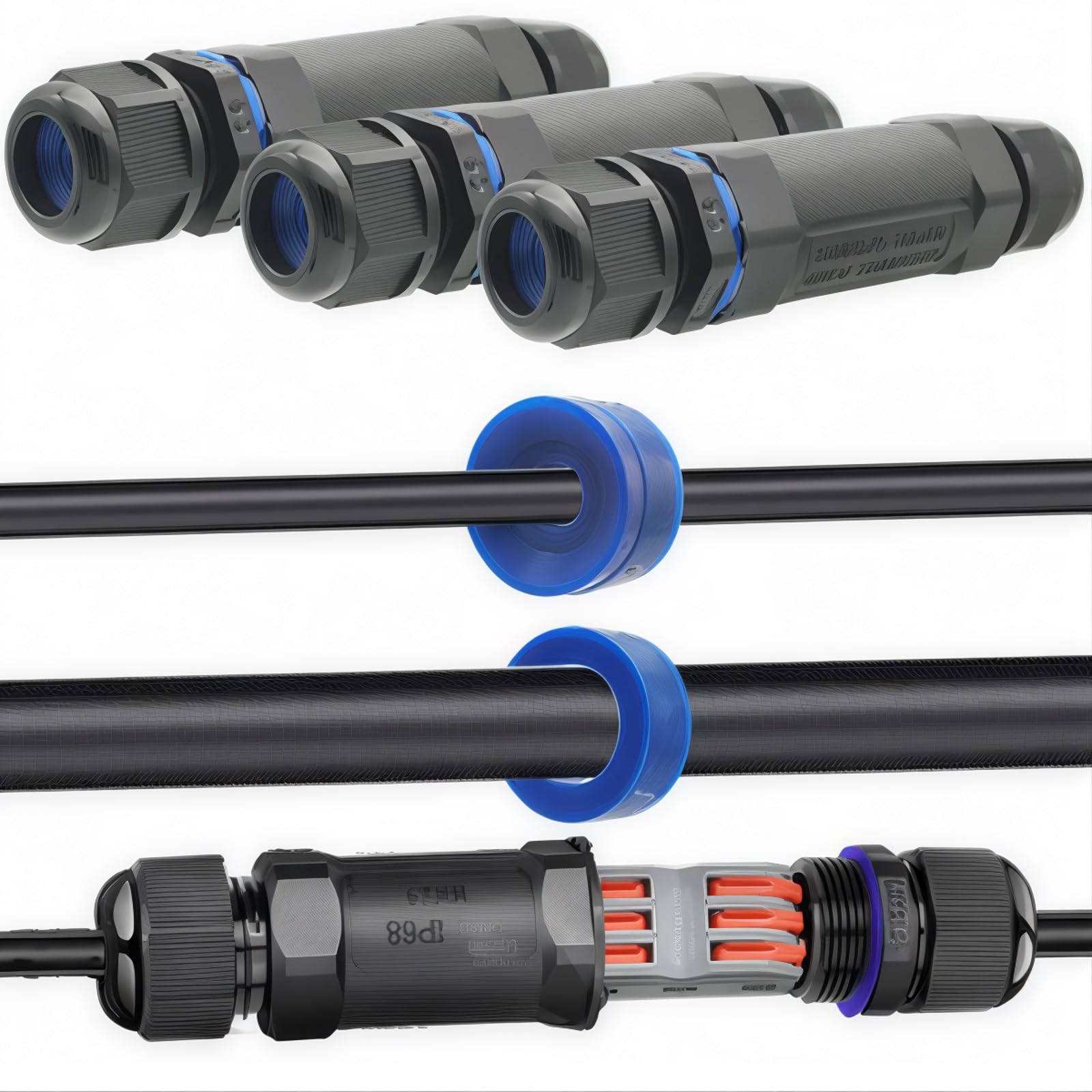 Electrical Cable Coupler, CTRICALVER 3 Pcs IP68 Extension Cable Connector, Connectors Cable Diameter Ø 6 mm-12 mm, Electrical Waterproof Connectors with 3 pin Terminal Block, Inline Cable Connector