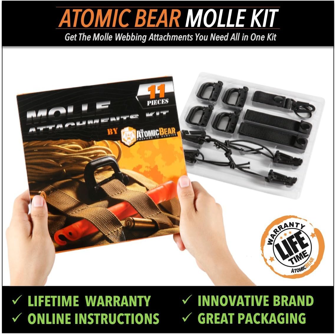 The Atomic Bear Kit of 11 Attachments for 1 inch Molle Webbing Bags, Tactical Backpacks, Tactical Vests – 4 Grimlock D-Ring Carabiner Clips – 4 Molle Elastic Strings – 2 Straps 4” MOD Tac Tie : Sports & Outdoors