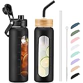 Kodrine Water Bottle with Straw, 24 oz Glass water Bottle with 2 Lids Bamboo Straw Lid and Spout Lid with Handle, 32 oz Clear Water Bottle Glass for Sports Travel, Waterbottle with Time Marker