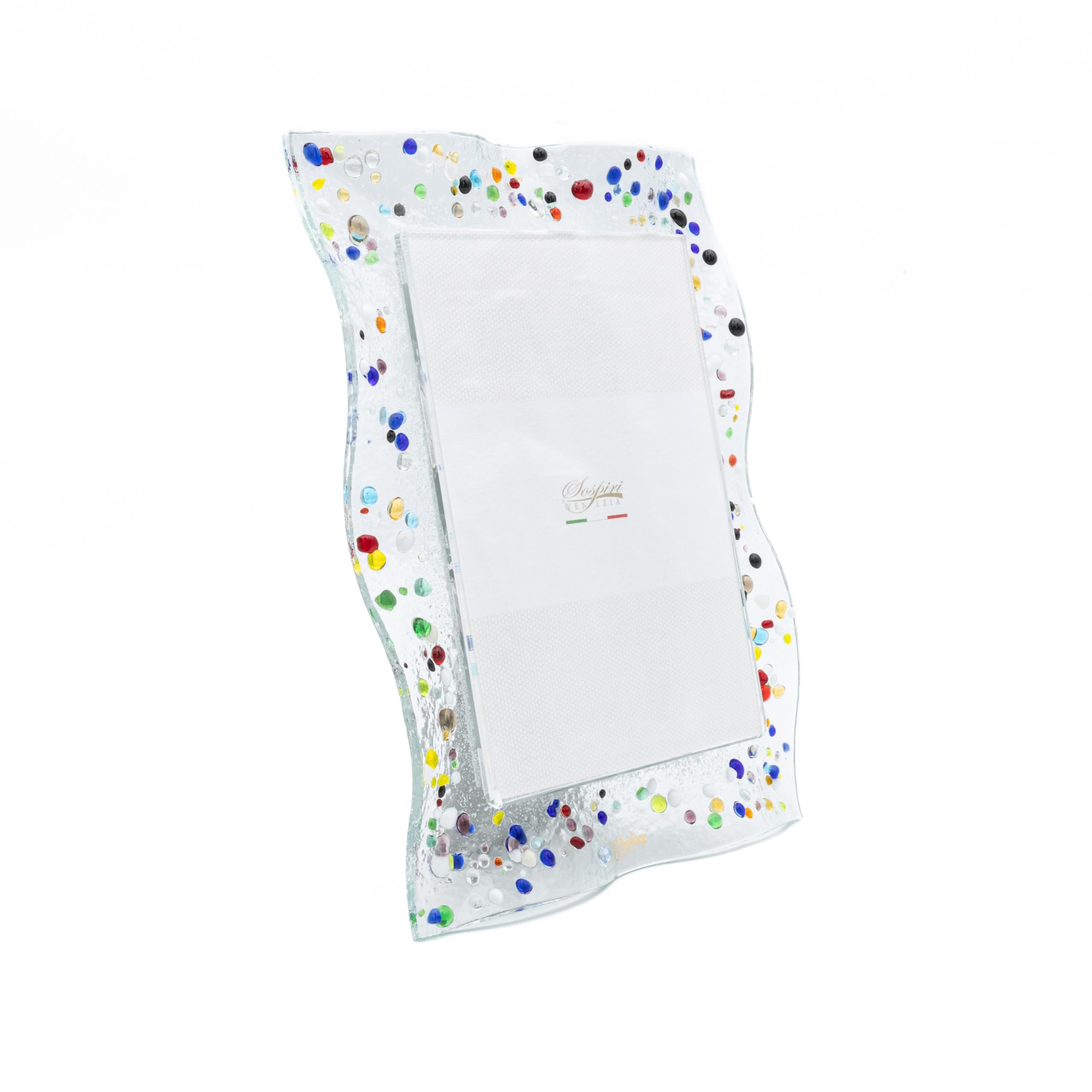 SOSPIRI VENEZIA Murano Glass Photo Frame with Desk or Table Support Photo 5.10x7.10 inc Hand Decorated Home Ornament Gift Idea for Ceremony Favor (7.5x9.9 inc)