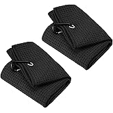 PATIKIL 12"x12" Tri-Fold Golf Towels, 2 Pack Waffle Pattern Towels Soft Fiber Strong Water Absorption with D Clip for Golf Lovers, Black
