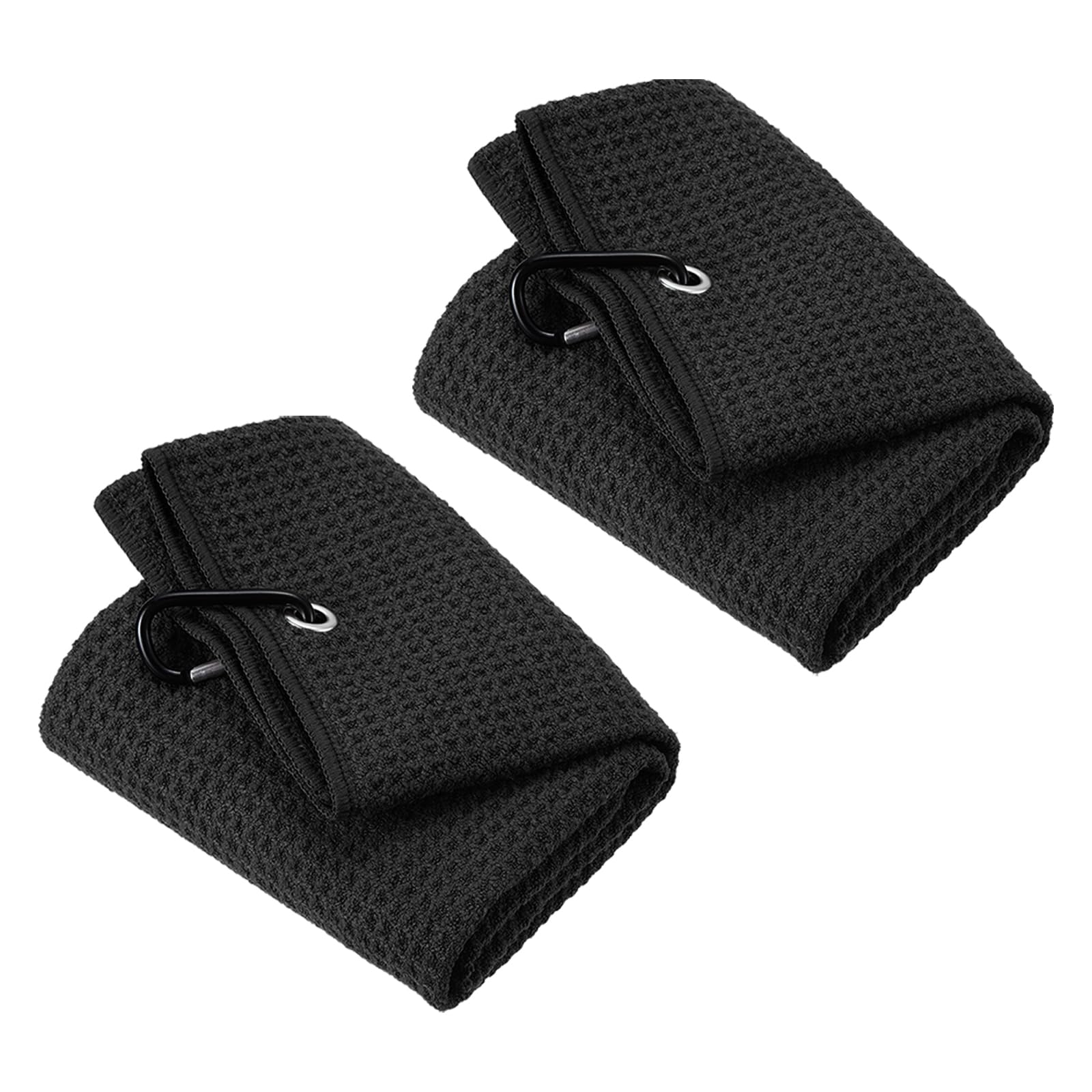 PATIKIL 12"x12" Tri-Fold Golf Towels, 2 Pack Waffle Pattern Towels Soft Fiber Strong Water Absorption with D Clip for Golf Lovers, Black