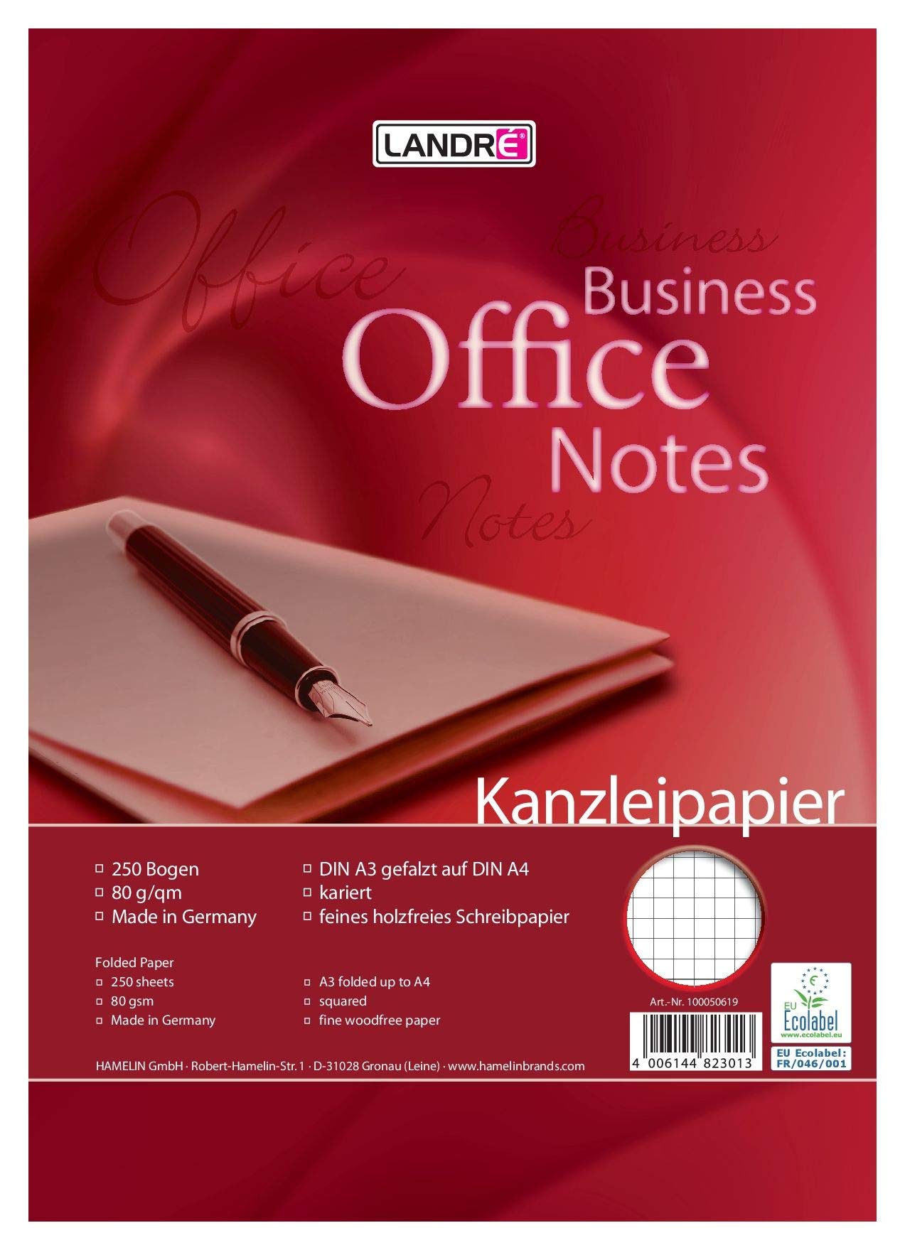 Landre 100050618 Foolscap Paper, DIN A3 Folded to A4, Lined, 80 g/m² Fine, 250 Sheets per Pack Official Paper"Office", DIN A3 Folded to A4, Squared