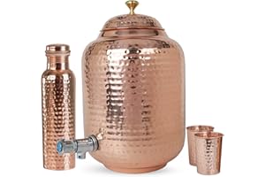 ABHISUBYA 2.11 Gallon/ 8 Litre Water Dispenser, Drink Water Dispenser With 2 Pcs Copper Glass & Water Bottle Hand Hammered 100% Pure Copper, Lid and Stainless Steel Spigot Included - Water Jug Dispenser