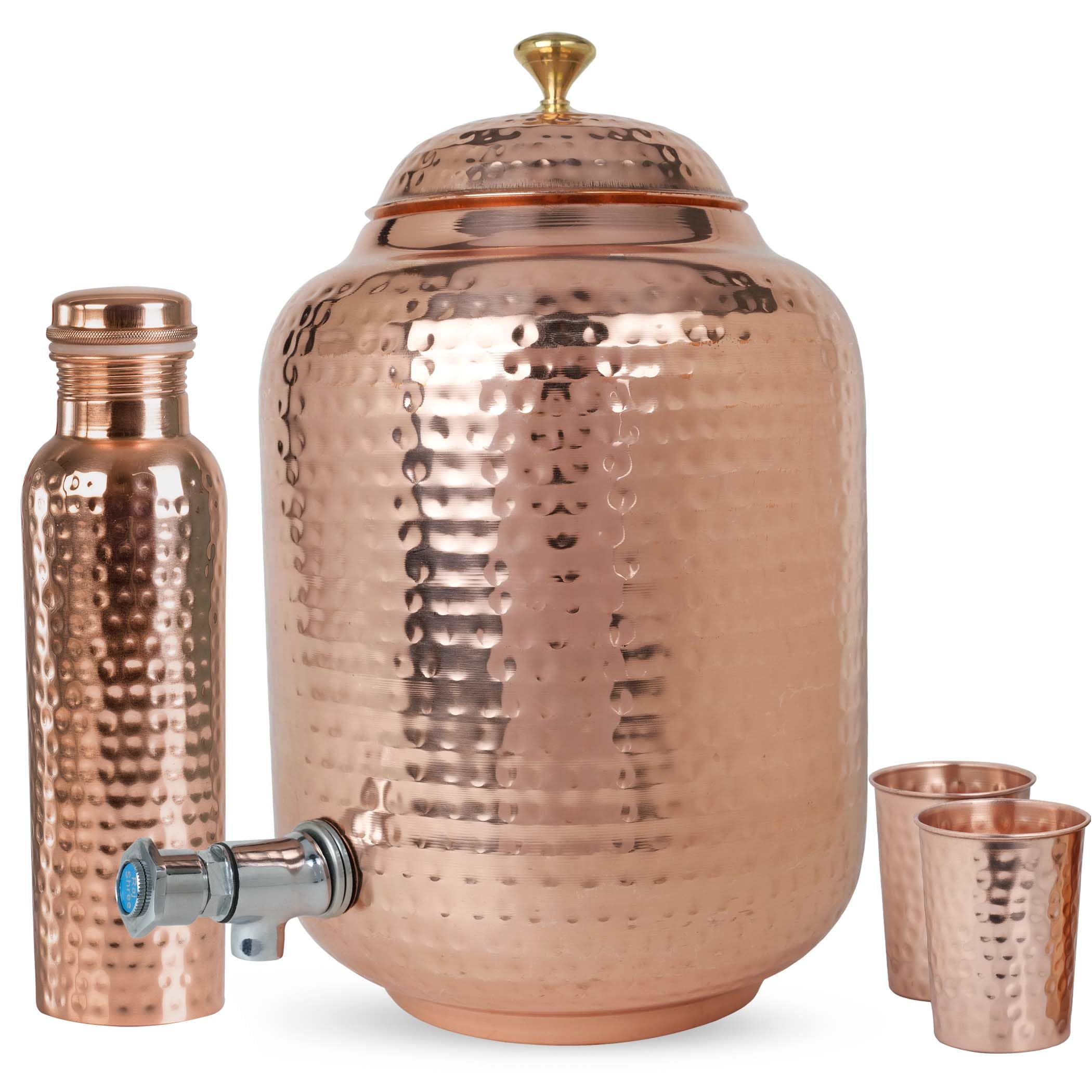 Photo 1 of 2.11 Gallon/ 8 Litre Water Dispenser, Drink Water Dispenser With 2 Pcs Copper Glass & Water Bottle Hand Hammered 100% Pure Copper, Lid and Stainless Steel Spigot Included - Water Jug Dispenser
