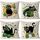 QIONG MENG St Patricks Day Pillow Covers 18x18 Inch Set of 4 Black Cat Decor Throw Pillowcase Happy St. Patrick's Day Cushion Case for Home Sofa Living Room Decor