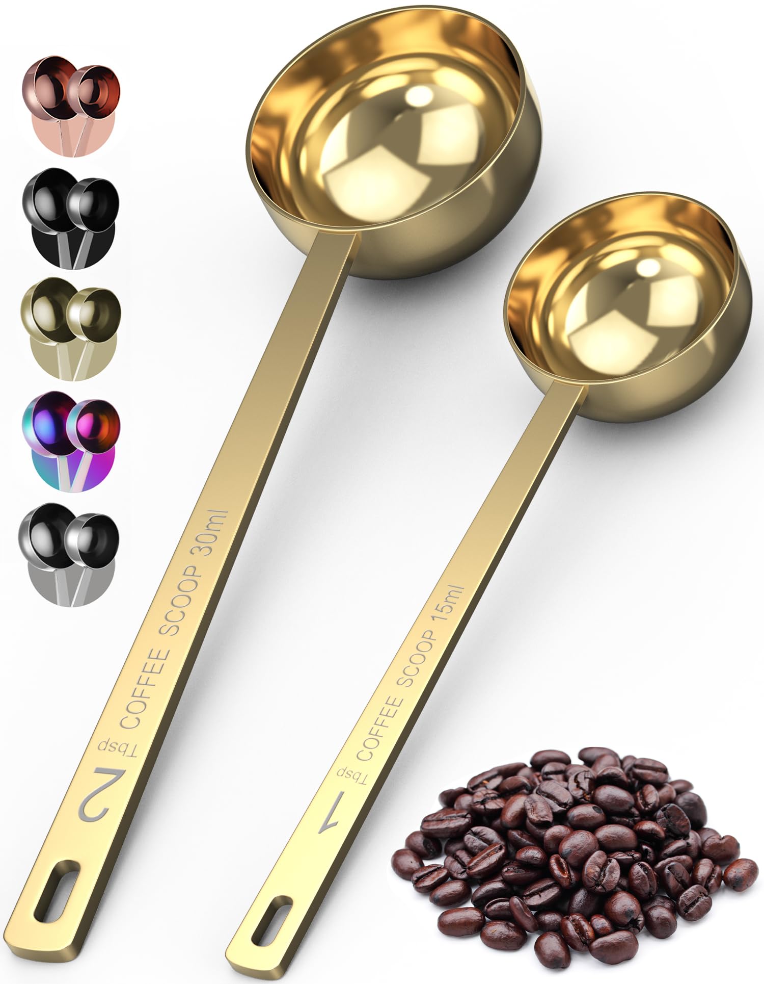 ORBLUE Stainless Steel Coffee Scoop Set 2 Pack – 1 Tbsp (15 ml) & 2 Tbsp (30 ml) Coffee Measuring Spoons & Espresso Scoop with Long Handle, Dishwasher Safe — Gold