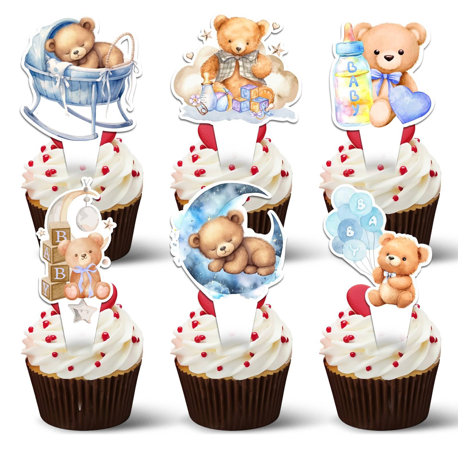 Photo 1 of 36PCS Bear Baby Shower Cupcake Toppers Set, Jungle Animal Theme Cake Decorations for Gender Neutral Party Supplies, Blue Bear Birthday Cake Toppers 13 pack