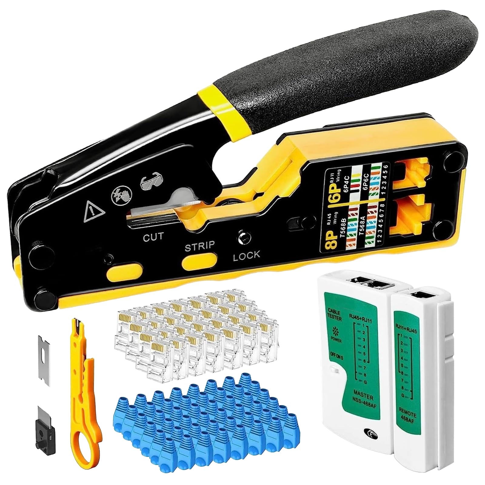 Pass Through RJ45 Crimp Tool,Stripper Cutter Crimper All-in-One for 8P RJ45 Cat5 Cat6 Crimp Tool 6P RJ11/12 Telephone Connectors with Cable Tester
