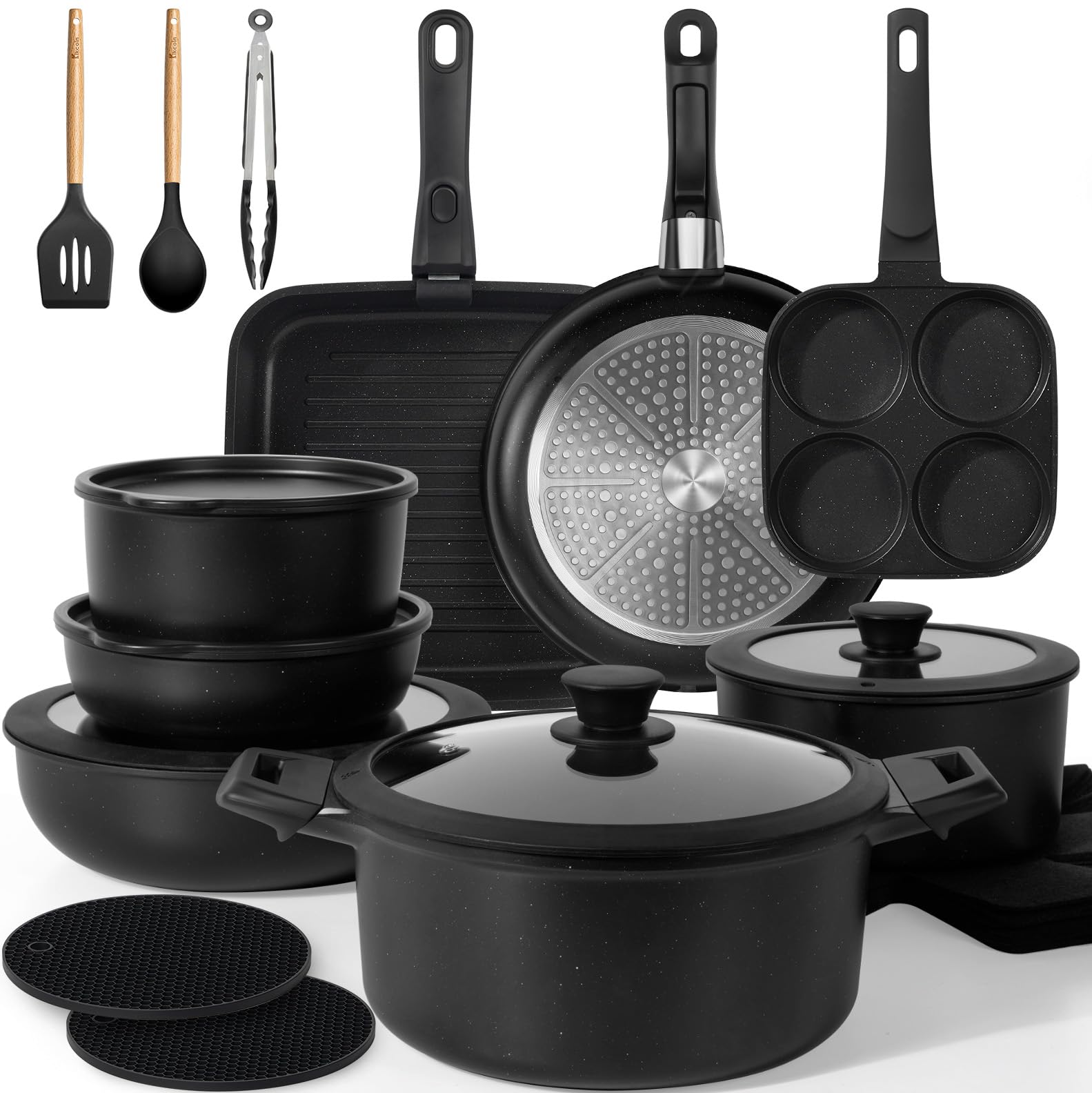KIKCOIN Pots and Pans Set, 27 Pack Nonstick Cookware Set Detachable Handle, Induction RV Kitchen Cooking Set with Removable Handle, Frying Pans, Casserole - Dishwasher/Oven Safe, PFOA Free Image