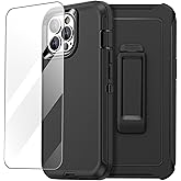 AICase Compatible with iPhone 15 Pro Case with Belt-Clip Holster and Glass Screen Protector, Heavy Duty Rugged Shockproof/Drop/Dust Proof 4-Layer Protective Durable Phone Cover, Black