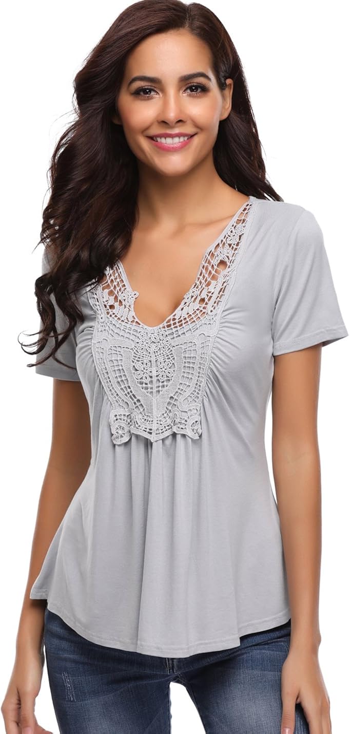MISS MOLY Peasant Tops for Women Deep V-Neck Lace Ruched Front Ruffle Long Sleeve Blouse Pleated 