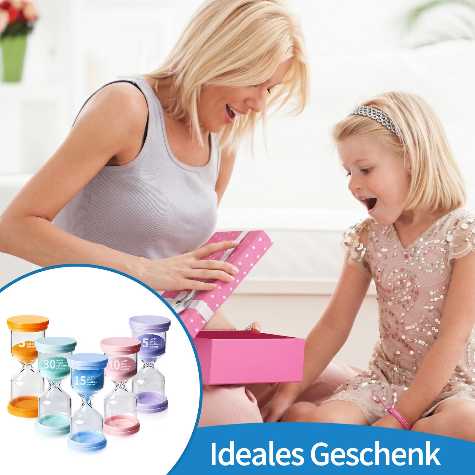 5 Stück Sanduhren Set für Kinder, Sanduhr Set Kinder, 5 Macaron Farben, 3/5/10/15/30 Minuten Buntes Sanduhren, Zeitmesser Sanduhr, für Küche, Office Deko,Kinderleben 6