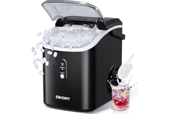 EUHOMY Nugget Ice Maker Countertop with Handle, Ready in 6 Mins, 34lbs/24H, Removable Top Cover, Auto-Cleaning, Portable Sonic Ice Maker with Basket and Scoop, for Home/Party/RV/Camping. (Black)
