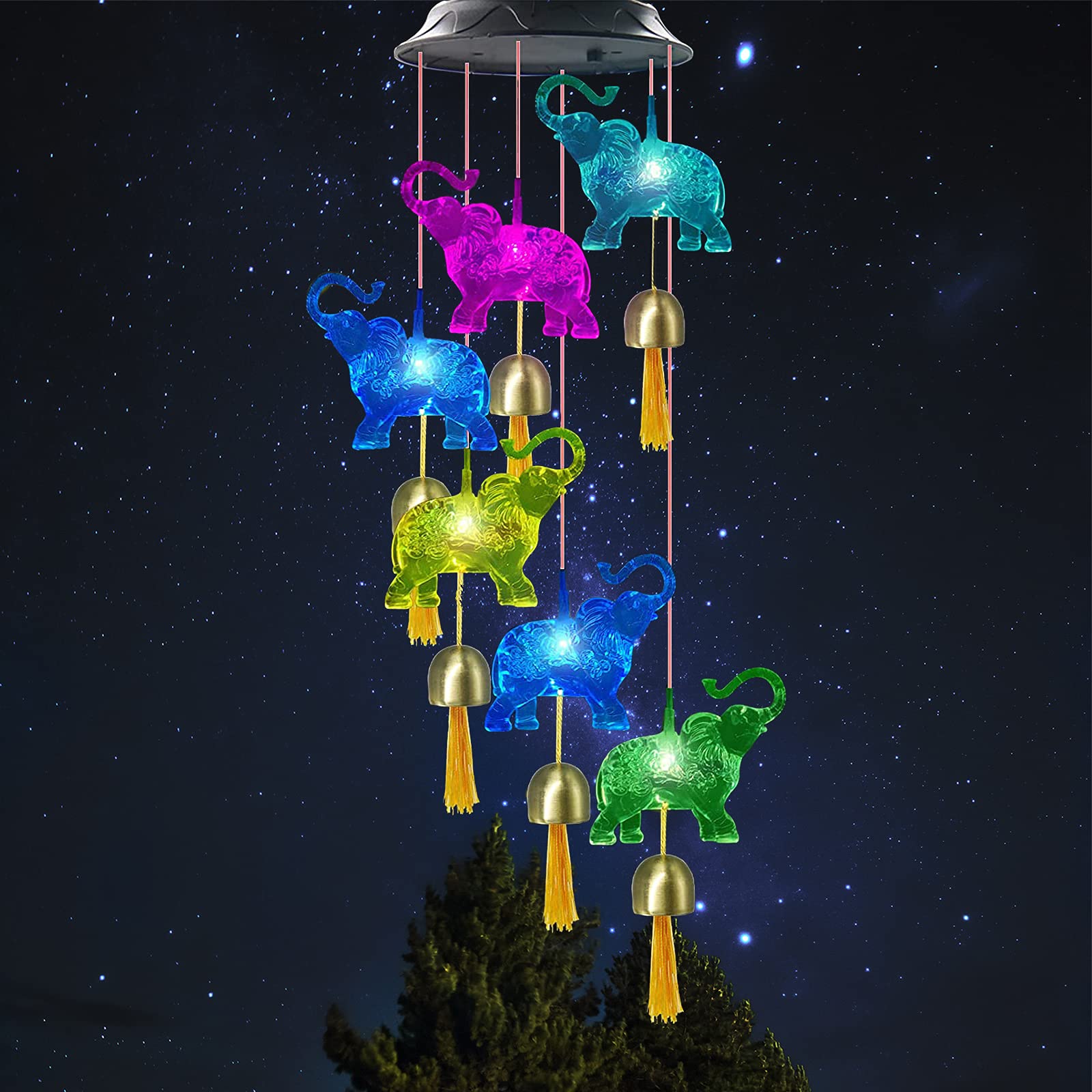 Solar Elephant Wind Chimes, Waterproof LED Garden Decor for Patio, Yard, Indoor Home Decoration - Outdoor Solar Powered