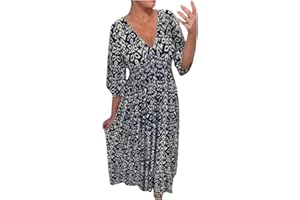 NaRHbrg Women Casual Maxi Dress 3/4 Sleeve V Neck Floral Print Long Dresses Flowy Boho Beach Dress Loose Comfy Swing Sundress