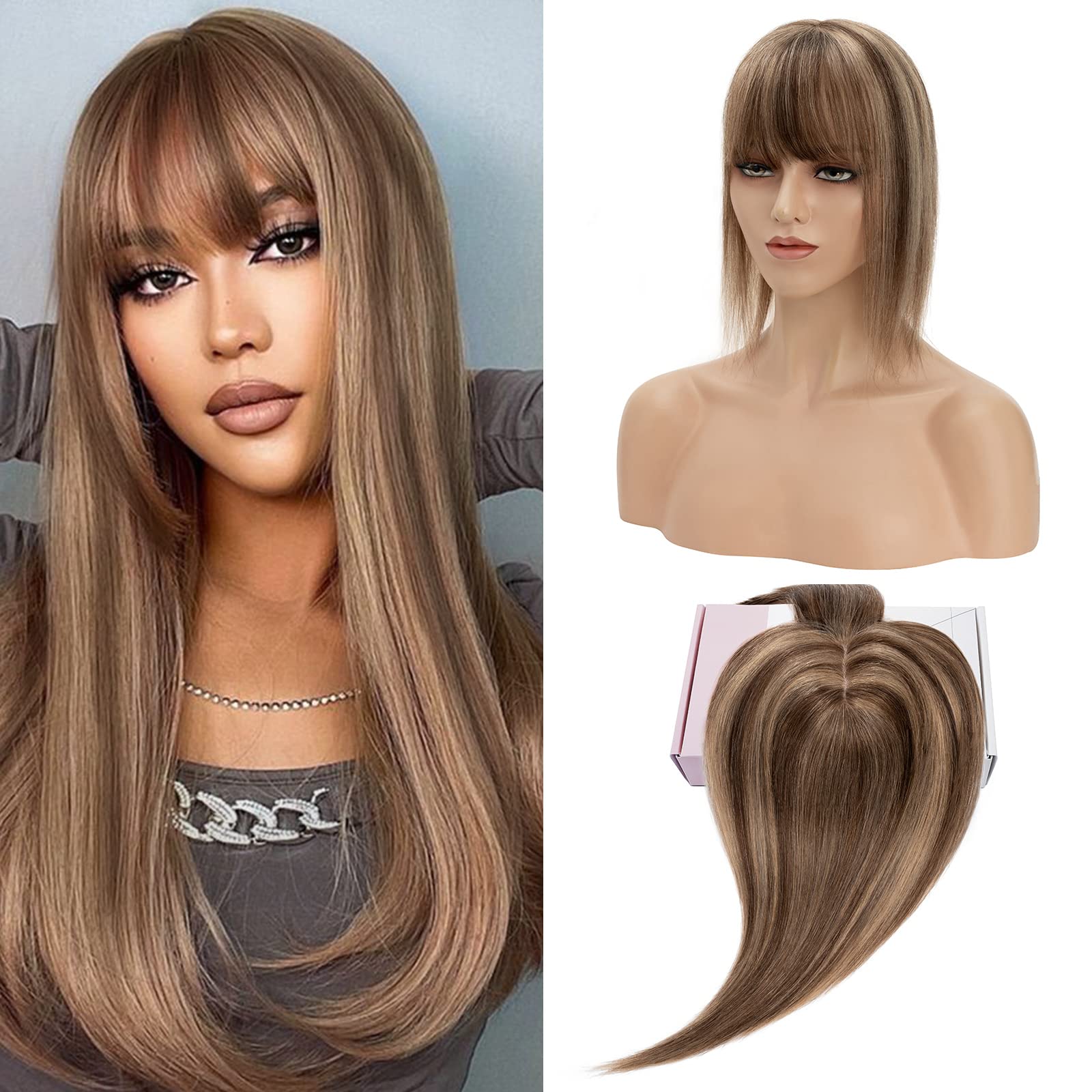 S-noilite Human Hair Toppers With Bang for Thinning Hair Women Real 130% Density Hair Topper Clip In Hair Extensions 100% Remy Real Human Hair 30g（#4/27 Medium Green Brown/Blonde, 8 Inch) — image 1