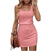 RoseSeek Women's Waffle Knit Belted Tank A Line High Waisted Dresses Square Neck Sleeveless Summer Short Dress