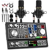Podcast Equipment Bundle for 2, Audio Mixer with Condenser Microphone and 48V Phantom Power Supply Audio Interface for Live Stream Record Game