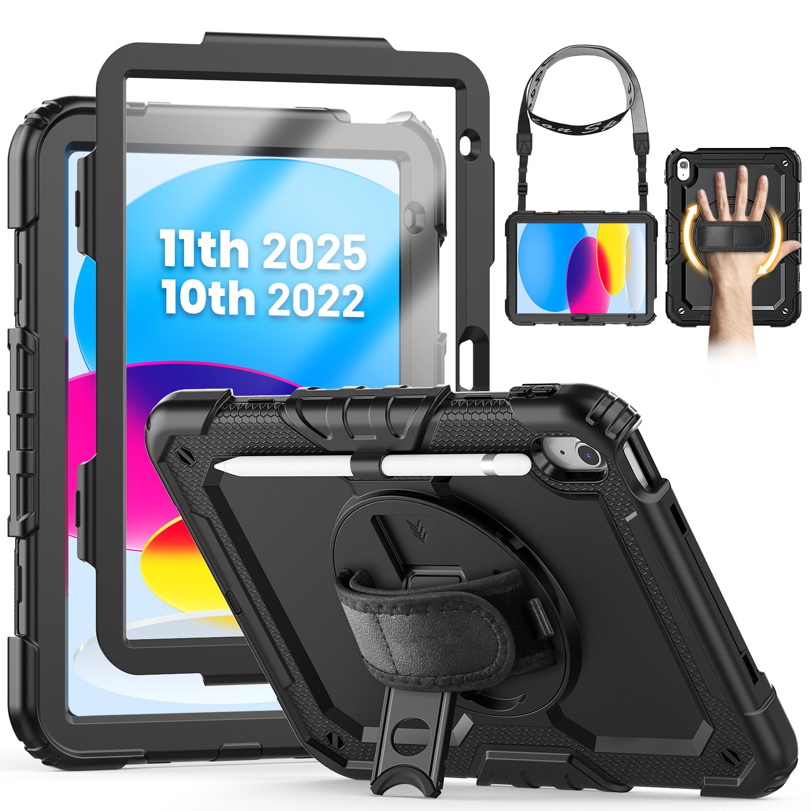 SEYMCY Case for iPad (A16) 11th/10th Generation 2025 (11 inch)/2022 (10.9 inch), Full-body Shockproof with Screen Protector, 360° Rotating Stand & Hand Strap, Carrying Strap, Pencil Holder, Black