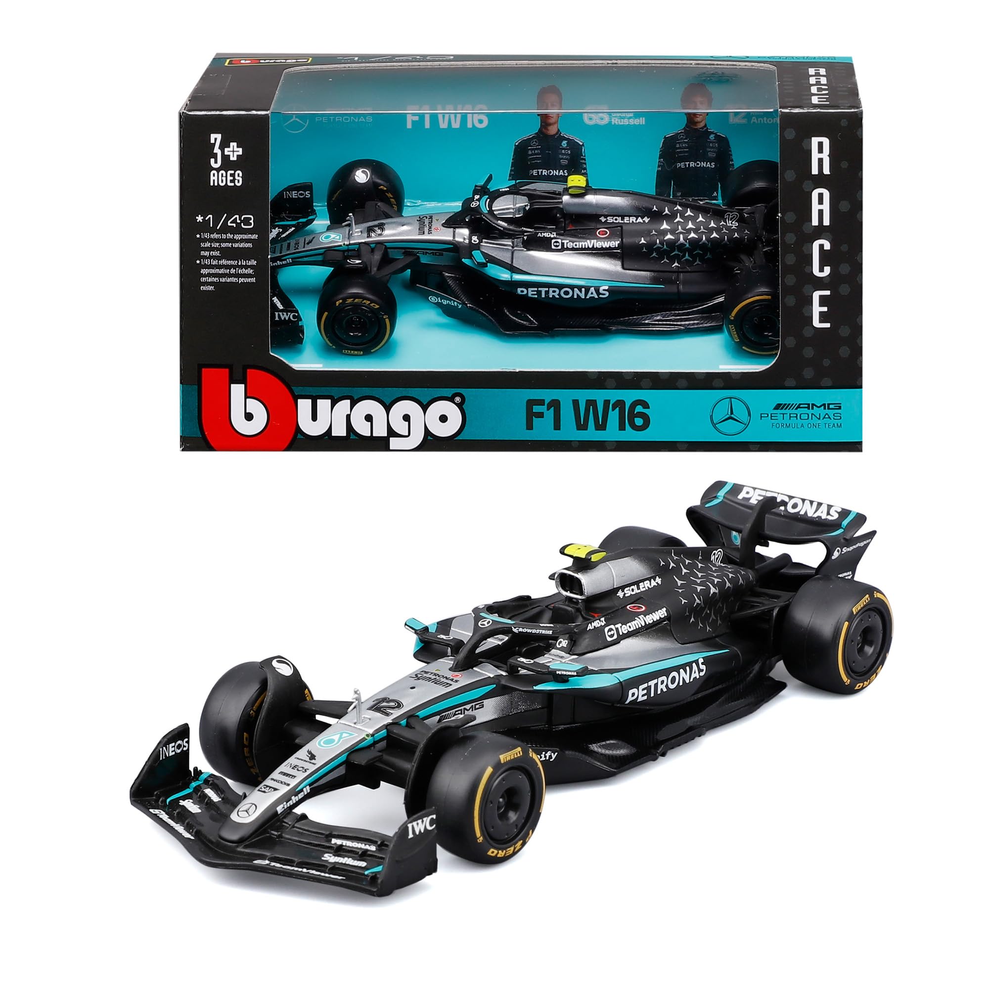 Bburago - F1 Mercedes-AMG W16 2025#12 Antonelli, 1:43 Scale Diecast Car with Authentic Details, F1 Mercedes Replica, Silver/Black Livery, Official Licence, Recommended Age 3+ Years