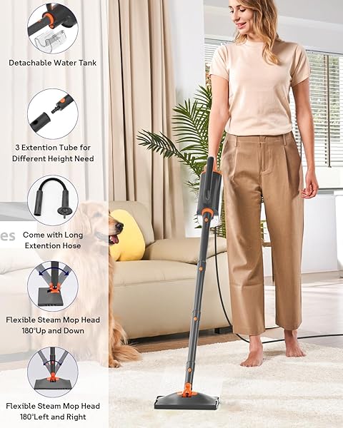 HELPX STEAM MOP CLEANER WITH DETACHABLE HANDHELD STEAMER, 20 IN 1 WIRED STEAM CLEANER WITH MULTIPLE ACCESSORIES, DETACHABLE WATER TANK, MICROFIBER PADS FOR FLOOR TILES CARPET AND GROUT CLEANING (GREY)