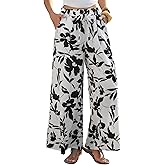 Women's Palazzo Pants Boho Floral High Waisted Pants Flowy Wide Leg Trousers with Pockets Women Casual Lounge
