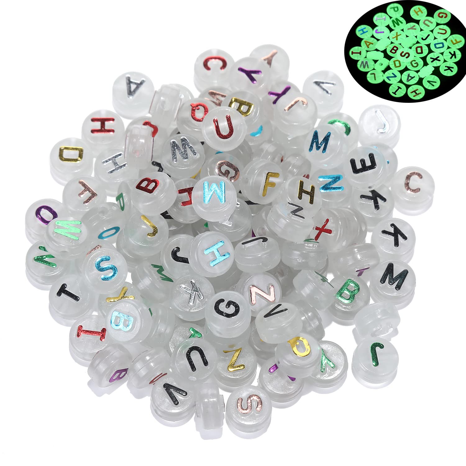 200pcs Luminous Acrylic Alphabet Beads 10mm Glow in The Dark A-Z Letter Beads Pony Disc Coin Flat Round Loose Spacer Beads for DIY Jewelry Making