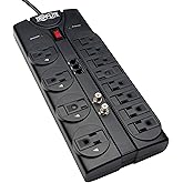 Tripp Lite TLP1208TELTV 12 Outlet Surge Protector Power Strip, 8ft Cord, Right-Angle Plug, Tel/Modem/Coax Protection, RJ11, &