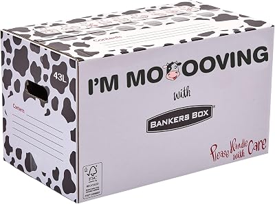 Bankers Box 10 Strong Moving Boxes 43L Large 51x29x29cm with Handles Cow Print