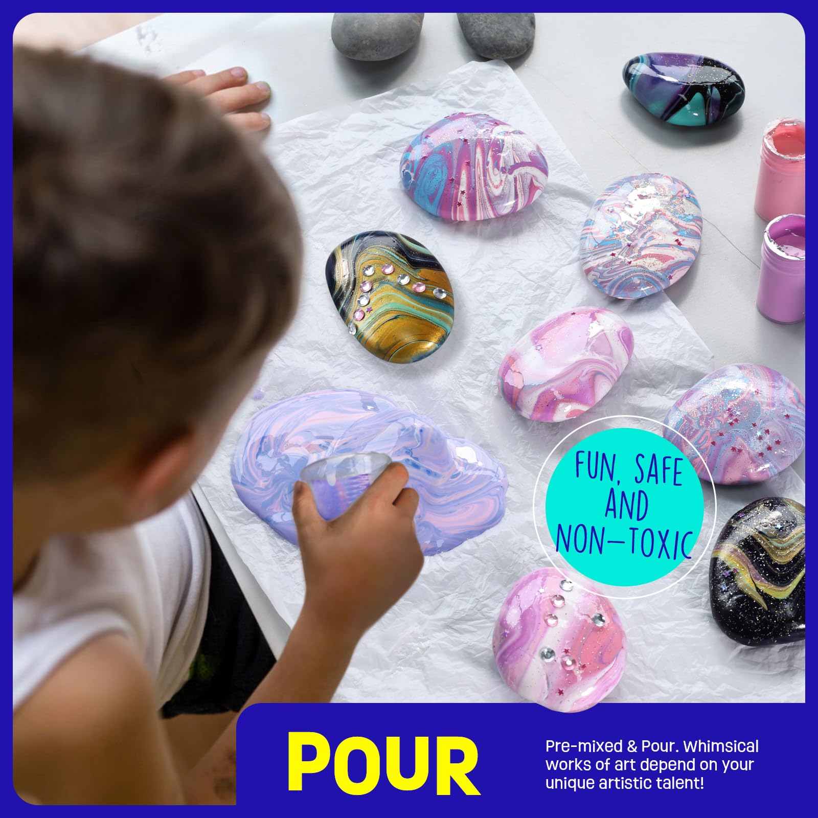 2 in 1 Rock Painting Art Kit - Glow in The Dark Pouring Rock Kit - Arts and Crafts for Kids Girls & Boys Ages 6-8, 8-12, Craft Paint Kits Creative Toys, Art Supplies Birthday Gift for Kids