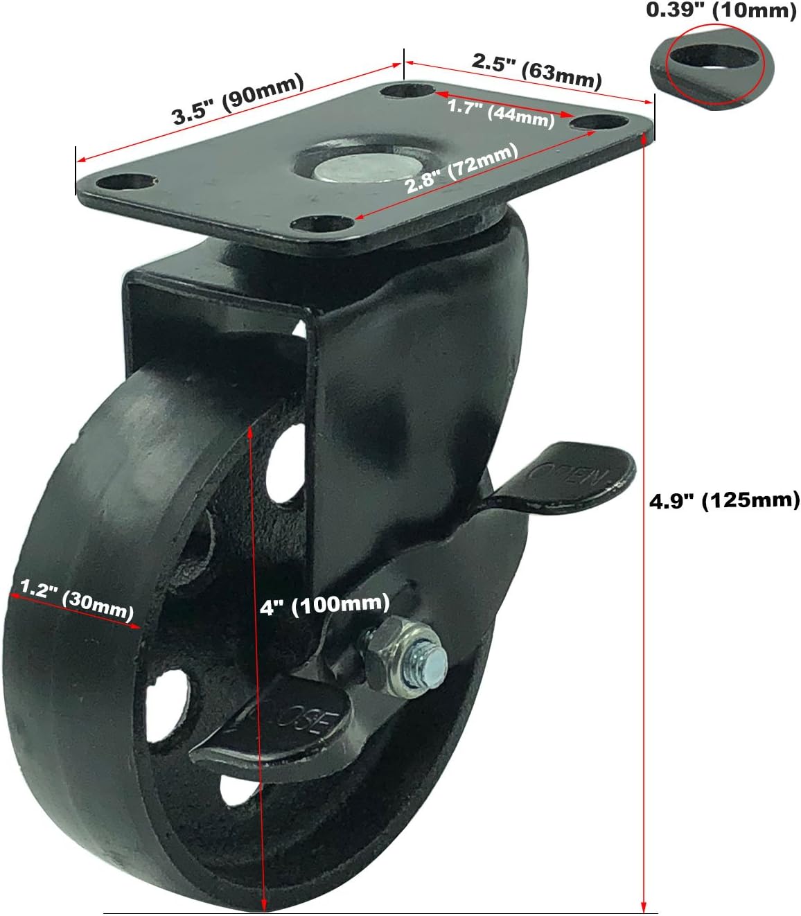 FactorDuty 4 All Black Metal Swivel Plate Caster Wheels w/Brake Lock Heavy Duty High-Gauge Steel (4" with Brake): Industrial & Scientific