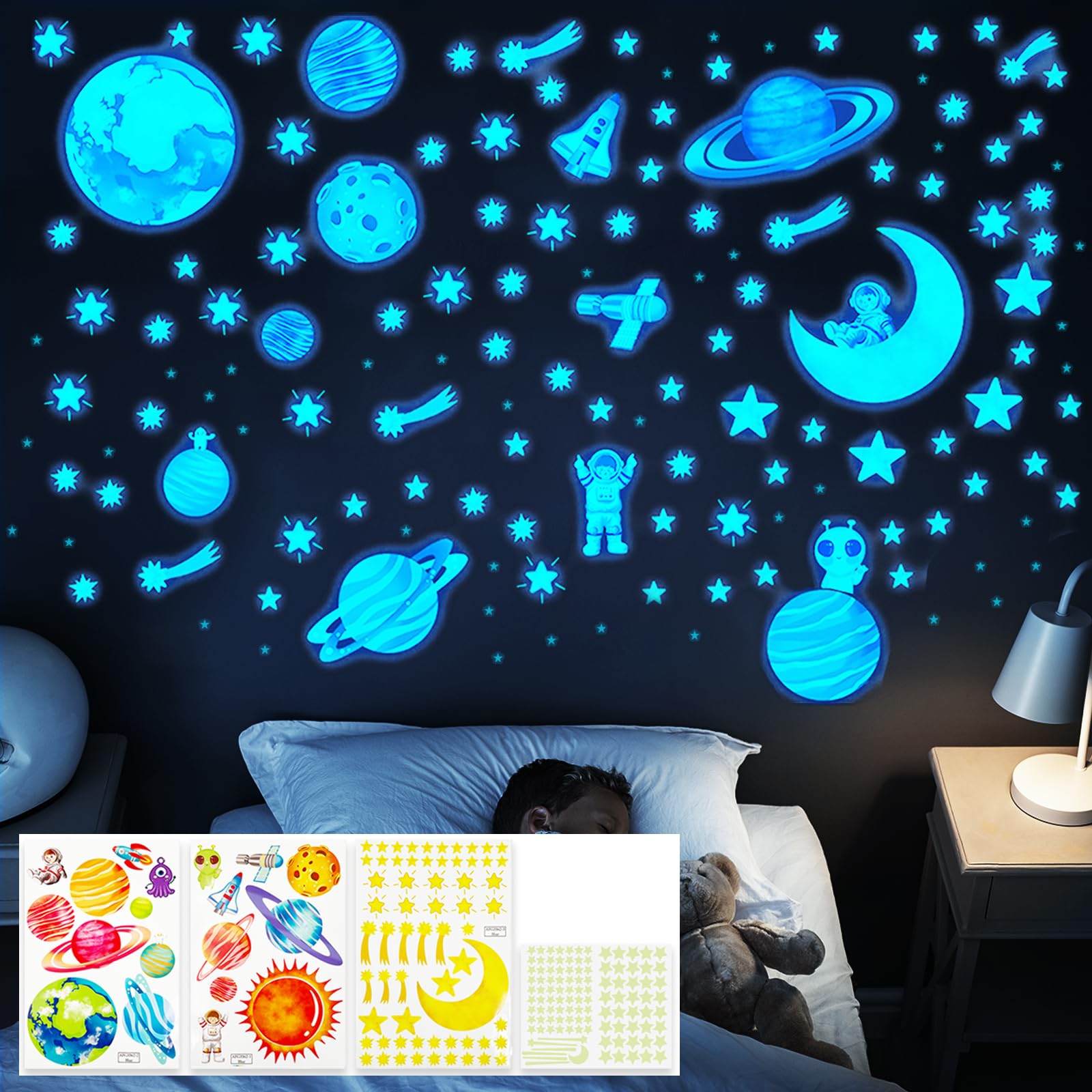 SNAIL GARDEN 192 pcs Glow in The Dark Stickers,Glow in The Dark Stars and Planets, Colourful and Blue Light Night Glow Sticker,Luminous Wall Stickers for Kids Bedroom Nursery Living Room Decoration