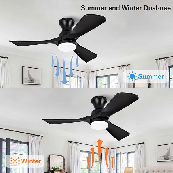 OMYU 42 INCH CEILING FANS WITH LIGHTS AND REMOTE CONTROL, LOW PROFILE CEILING FAN WITH LIGHT, DIMMABLE, QUIET DC MOTOR, FLUSH MOUNT, BLACK CEILING FAN FOR INDOOR OUTDOOR BEDROOM PATIO (ABS BLADES)