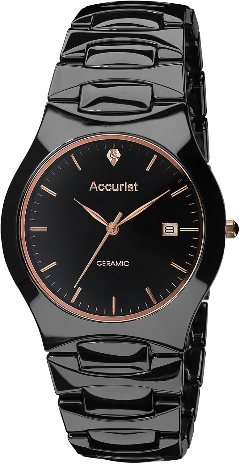 Accurist Gents Black Ceramic Case and Bracelet Watch Rose Gold detail
