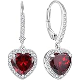 FJ Heart Dangle Drop Earrings 925 Sterling Silver Halo Leverback Earrings Birthstone Jewelry for Women