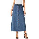 Vrtige Women's Casual Button Down High Waisted A Line Jean Midi Long Denim Skirt with Pockets