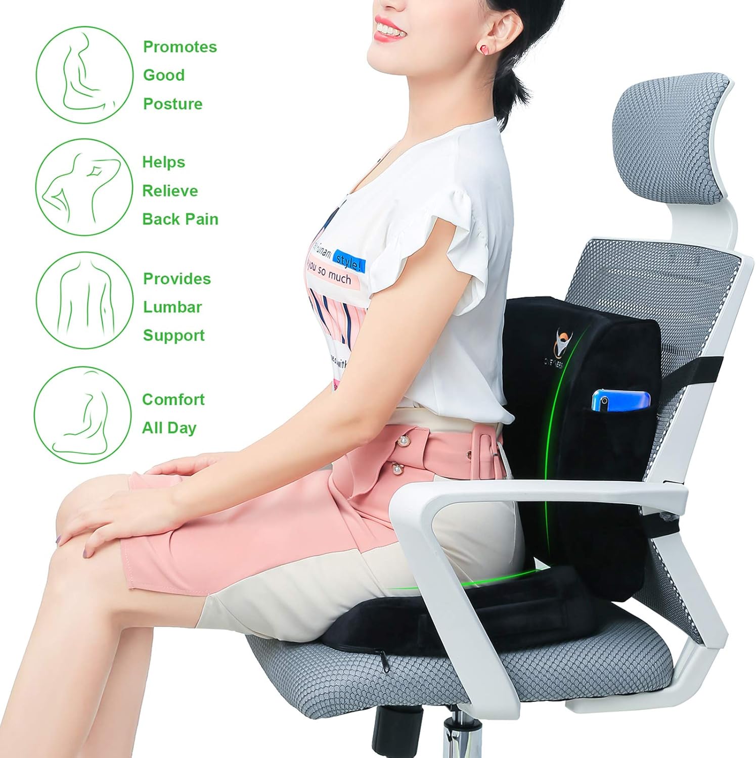 OVEYNERSIN Seat Cushion & Lumbar Support Pillow Set - Comfortable Memory Foam Seat Pad Set - Relieves Back, Hip, Tailbone, Sciatica Pain - for Office Chair, Car Seat, Desk Chair : Office Products