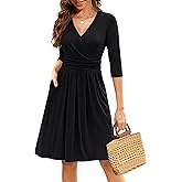 Zattcas Womens 2026 Wrap V Neck 3/4 Sleeve Cocktail Dress Pleated A Line Fit and Flare Wedding Guest Dress with Pockets