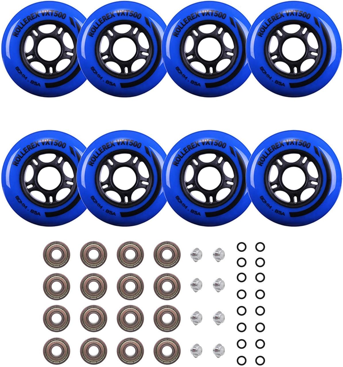 Rollerex VXT500 Inline Skate Wheels (8 Wheels w/Bearings, spacers and washers)