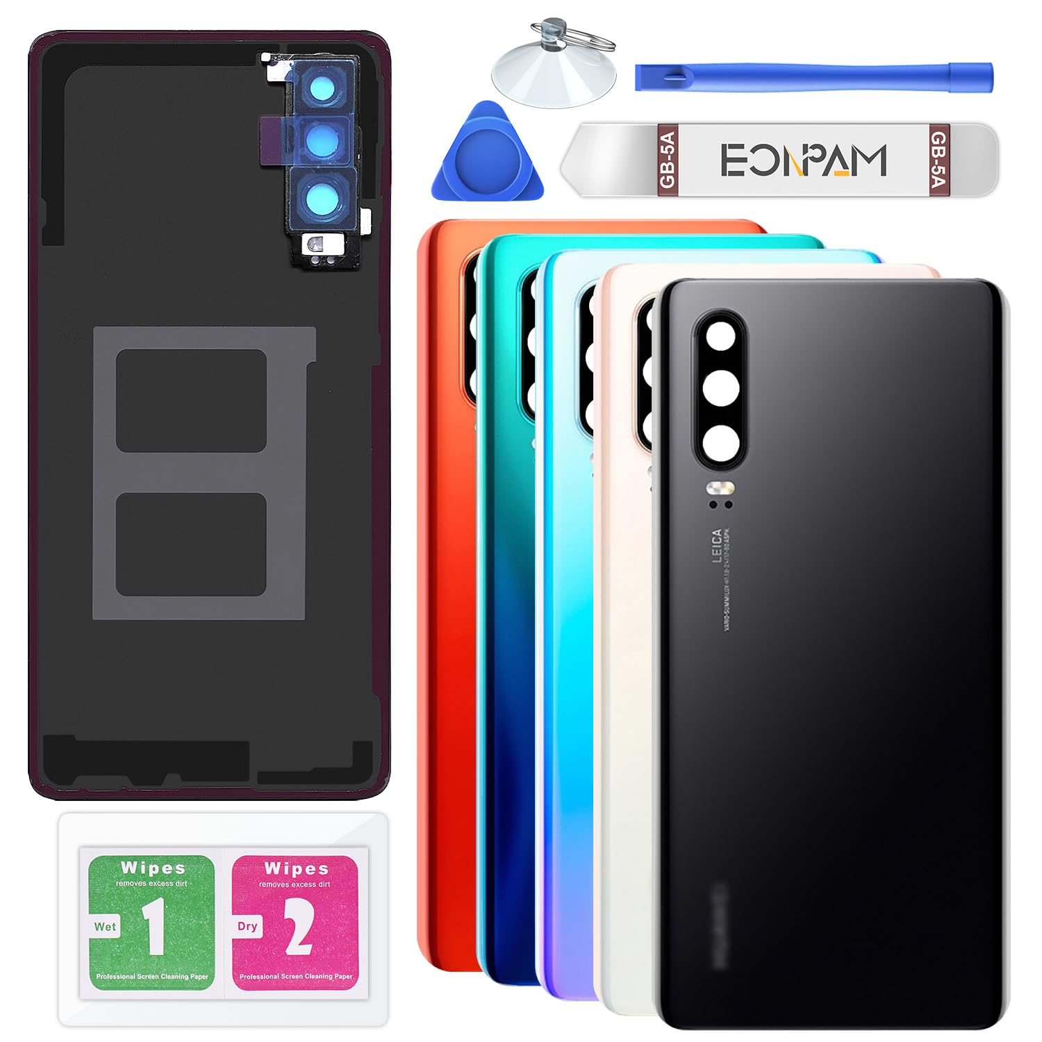 Eonpam Back Cover Glass for Huawei P30 Rear Glass Replacement with Camera Lens + Repair Kit Genuine Rear Housing (Black)