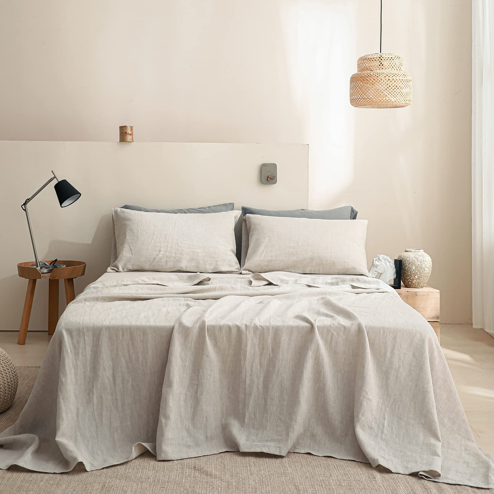 Simple&Opulence Flat Sheet, 100% Linen Basic Style Super Soft Flat Top Sheet, Stone Washed -1 Bed Sheet Only (Double 228 x 255 cm, Linen)