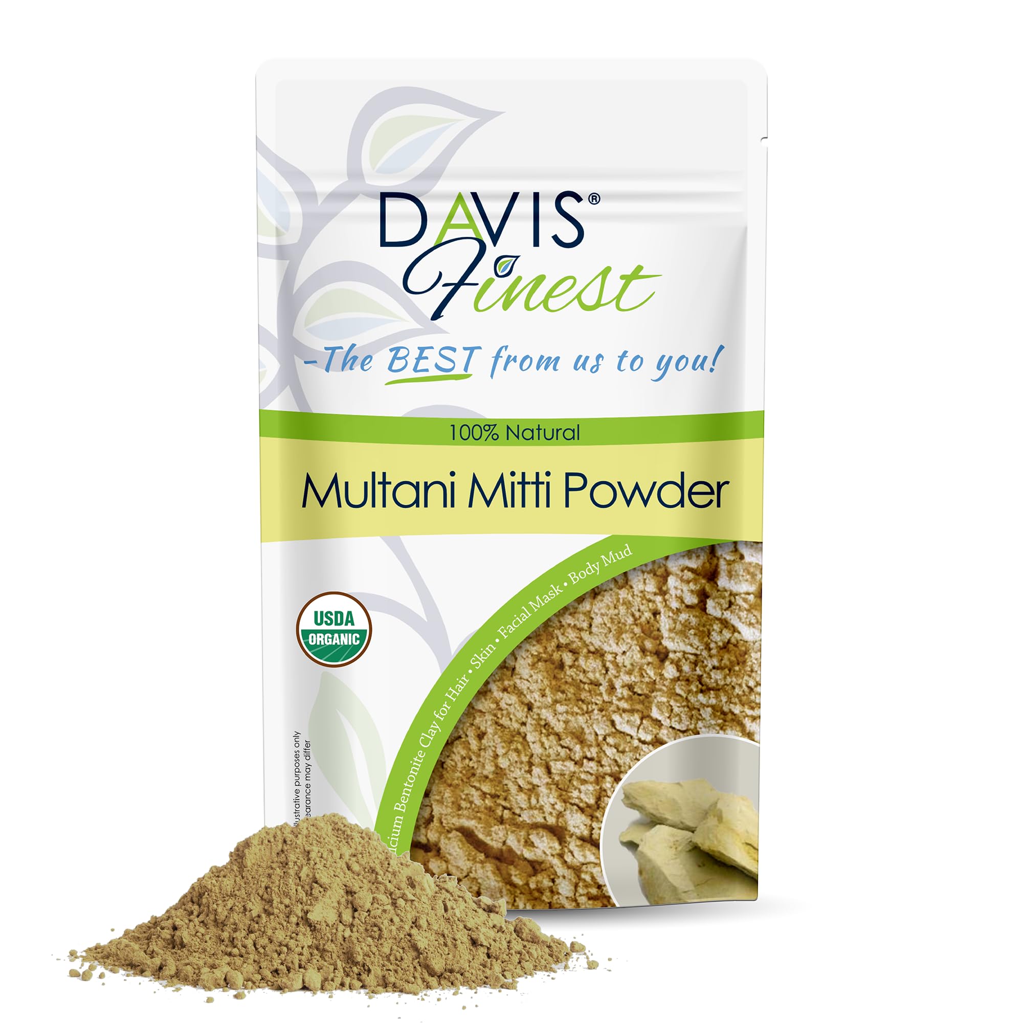 Davis Finest - Multani Mitti Powder 250g - Indian Healing Clay Face & Hair Mask - Chemical-Free Exfoliator & Cleanser - Fullers Earth - Fades Dark Spots & Blemishes - Natural Facial Mask Skincare