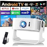 [Compatible with Netflix & Support 4K] 1080P HD Mini Projector Dual Band WiFi6 5G and BT 5.4 Auto Focus & Obstacle Avoidance Portable Outdoor Projector, 270° Adjustable Stand for Home Movie - White