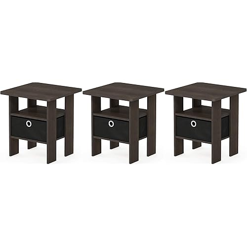 Furinno End Table Bedroom Night Stand w/Bin Drawer, Dark Brown/Black .3 Pack