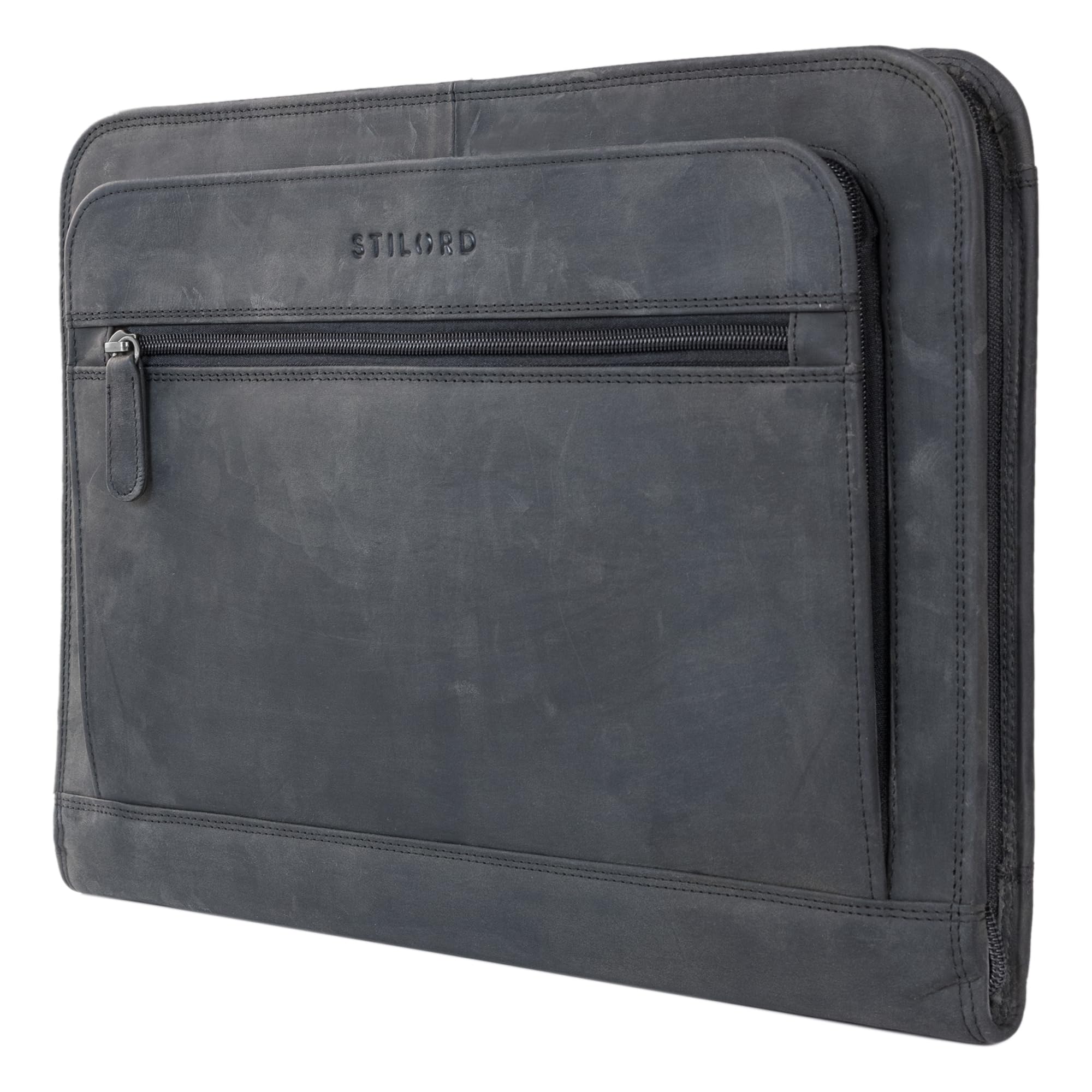 STILORD 'Elton' A4 Leather Conference Folder Vintage Portfolio for 13,3 inch MacBook Laptop Case Business Folder Notepad Cover Briefcase Genuine Leather, Colour:Carbon - Grey