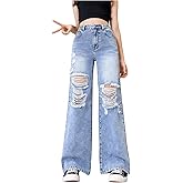 Floerns Girl's Elastic High Waisted Ripped Baggy Jeans Wide Leg Distressed Denim Pants