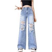 Floerns Jeans da donna a vita alta boyfriend gamba dritta strappati jeans invecchiati pantaloni in denim nero tinta unita, Nero tinta unita., M