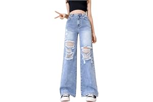 Floerns Girl's Elastic High Waisted Ripped Baggy Jeans Wide Leg Distressed Denim Pants